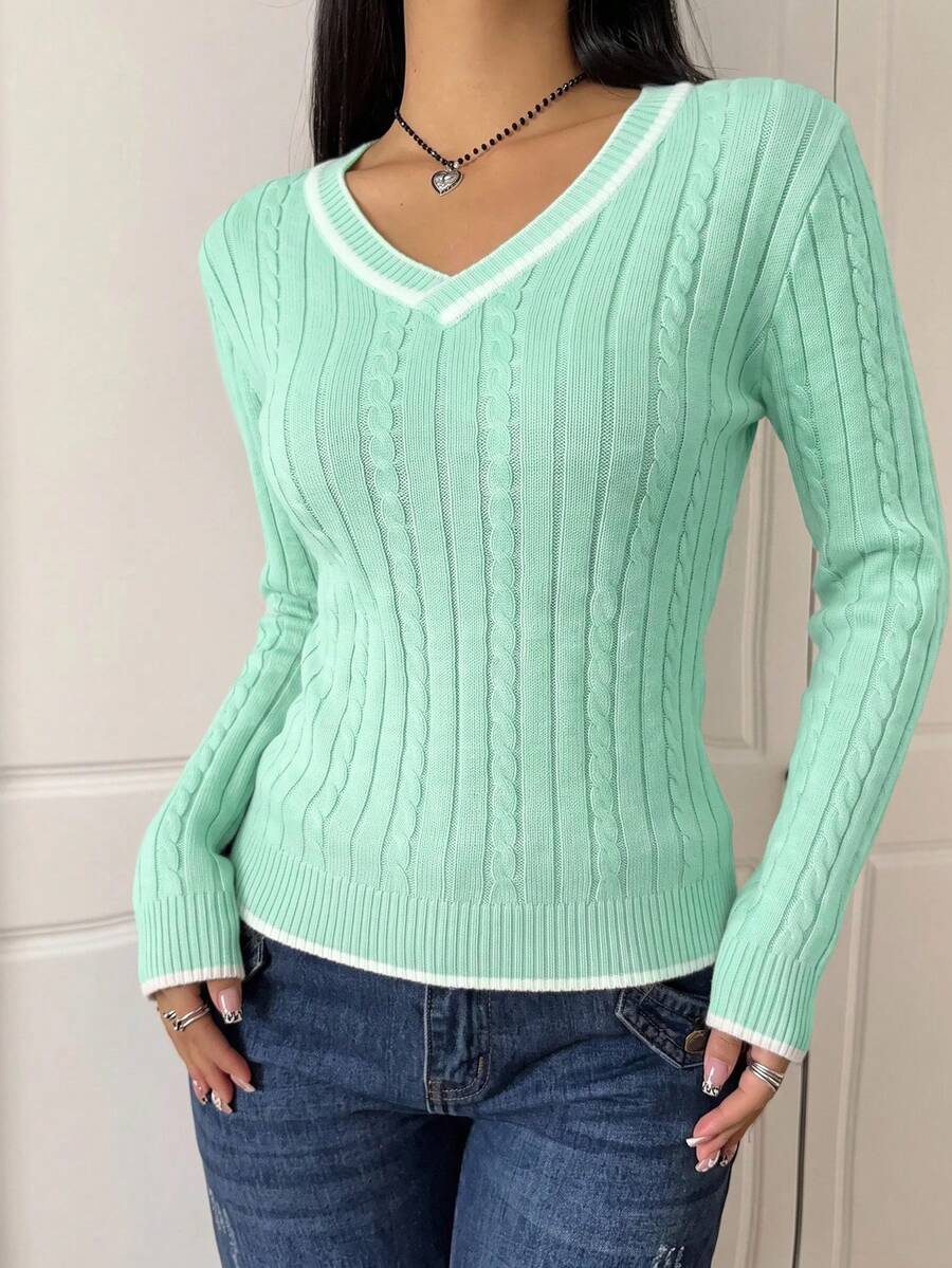 Saskia Slim V Neck Twist Cable Knit Sweater with Contrast Trim - Mint Green