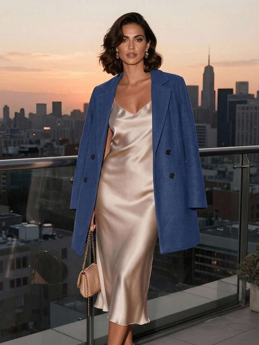 Aveline Double-Breasted Lapel Coat with Tailored Thigh-Length Cut - Khaki