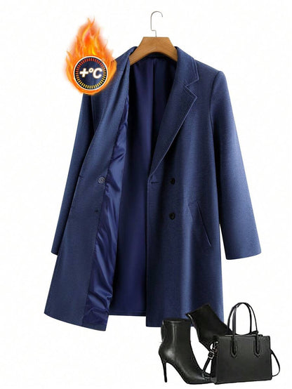 Aveline Double-Breasted Lapel Coat with Tailored Thigh-Length Cut - Brown