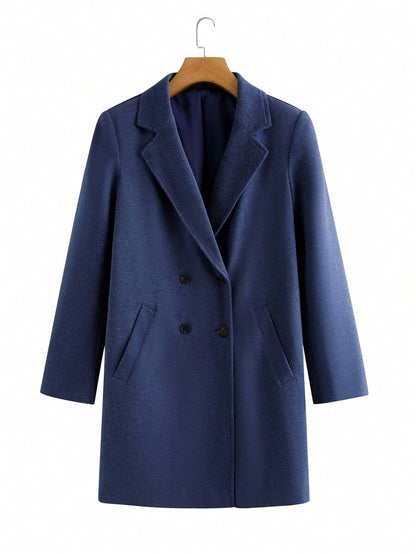 Aveline Double-Breasted Lapel Coat with Tailored Thigh-Length Cut - Grey