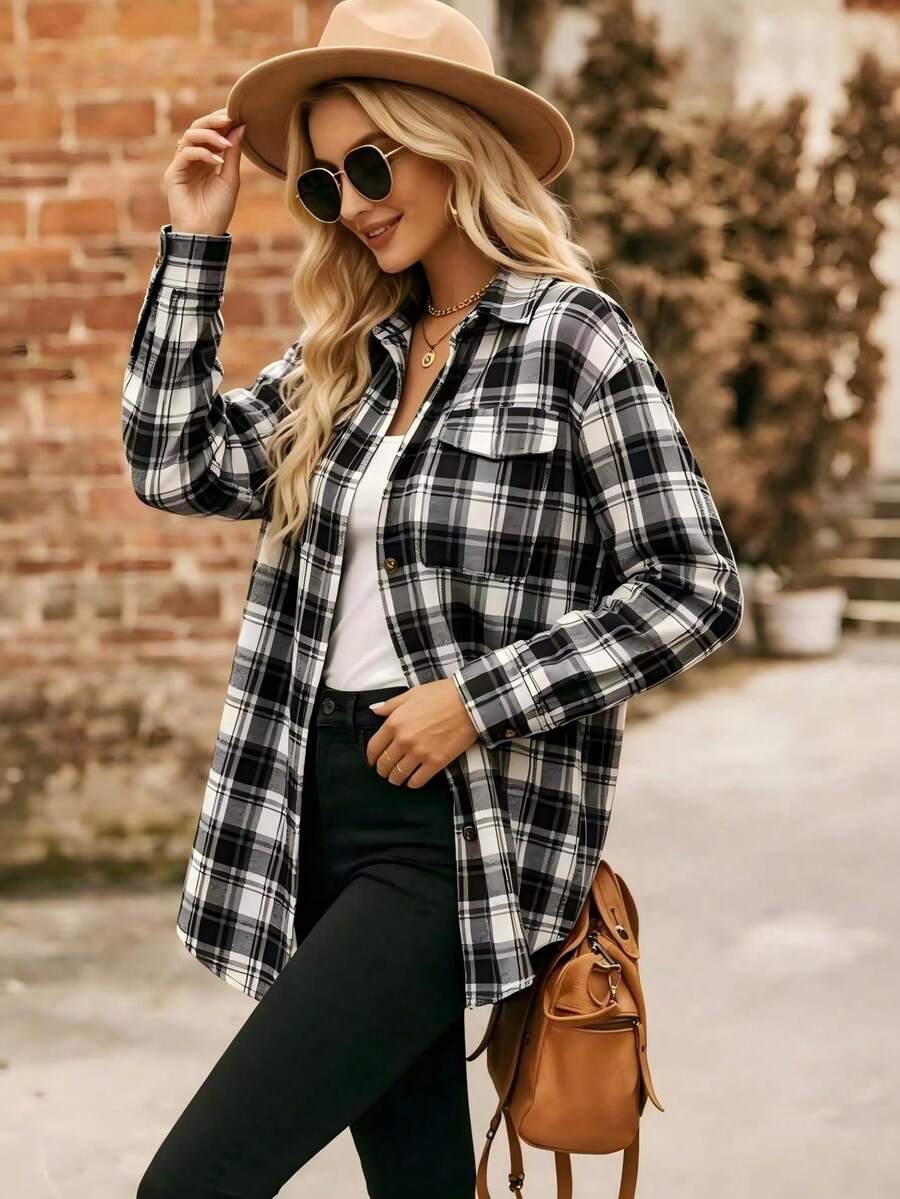 Astrid Plaid Drop Shoulder Shirt Collar Top - Coffee