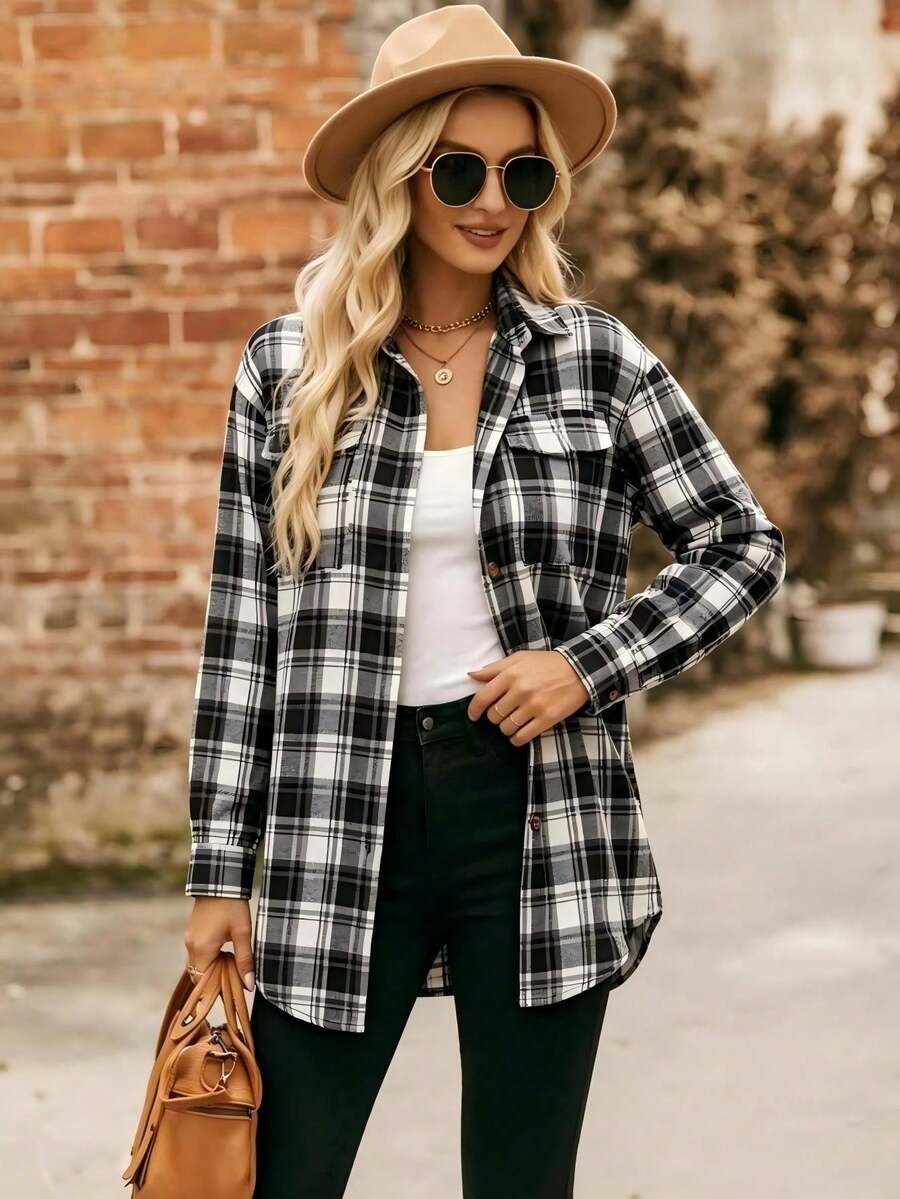 Astrid Plaid Drop Shoulder Shirt Collar Top - Pink Plaid
