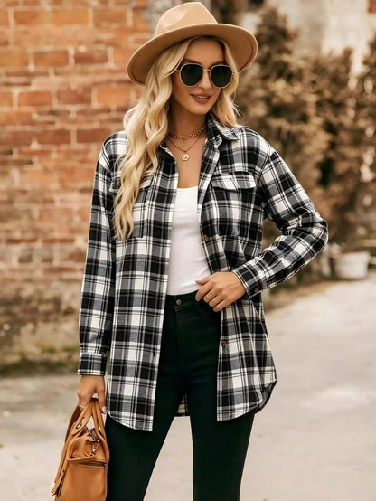 Astrid Plaid Drop Shoulder Shirt Collar Top - Pink Plaid