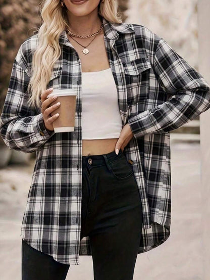 Astrid Plaid Drop Shoulder Shirt Collar Top - Orange