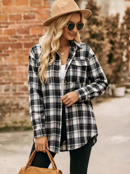 Astrid Plaid Drop Shoulder Shirt Collar Top - Green Plaid