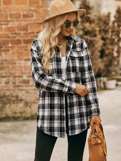 Astrid Plaid Drop Shoulder Shirt Collar Top - Navy Blue Checkered