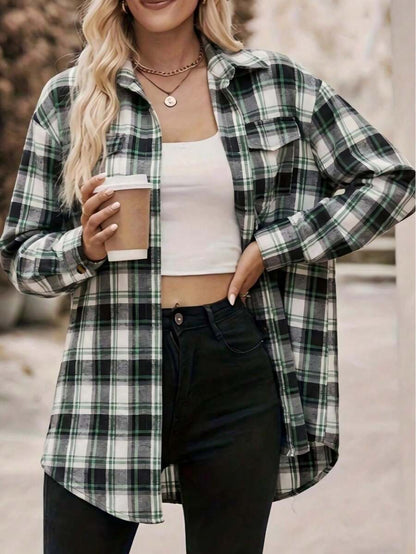 Astrid Plaid Drop Shoulder Shirt Collar Top - Green Plaid