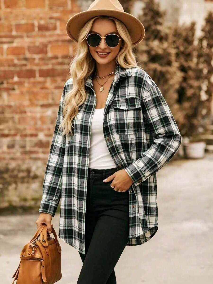 Astrid Plaid Drop Shoulder Shirt Collar Top - Navy Blue