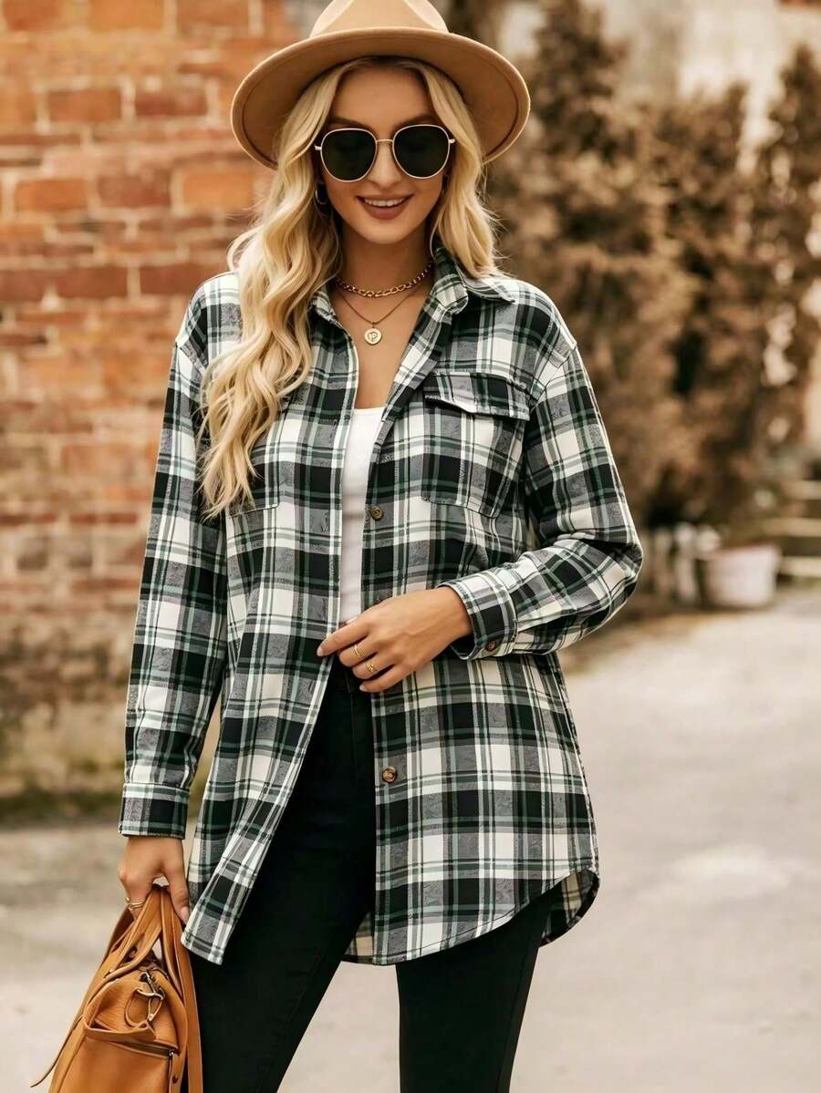 Astrid Plaid Drop Shoulder Shirt Collar Top - Red