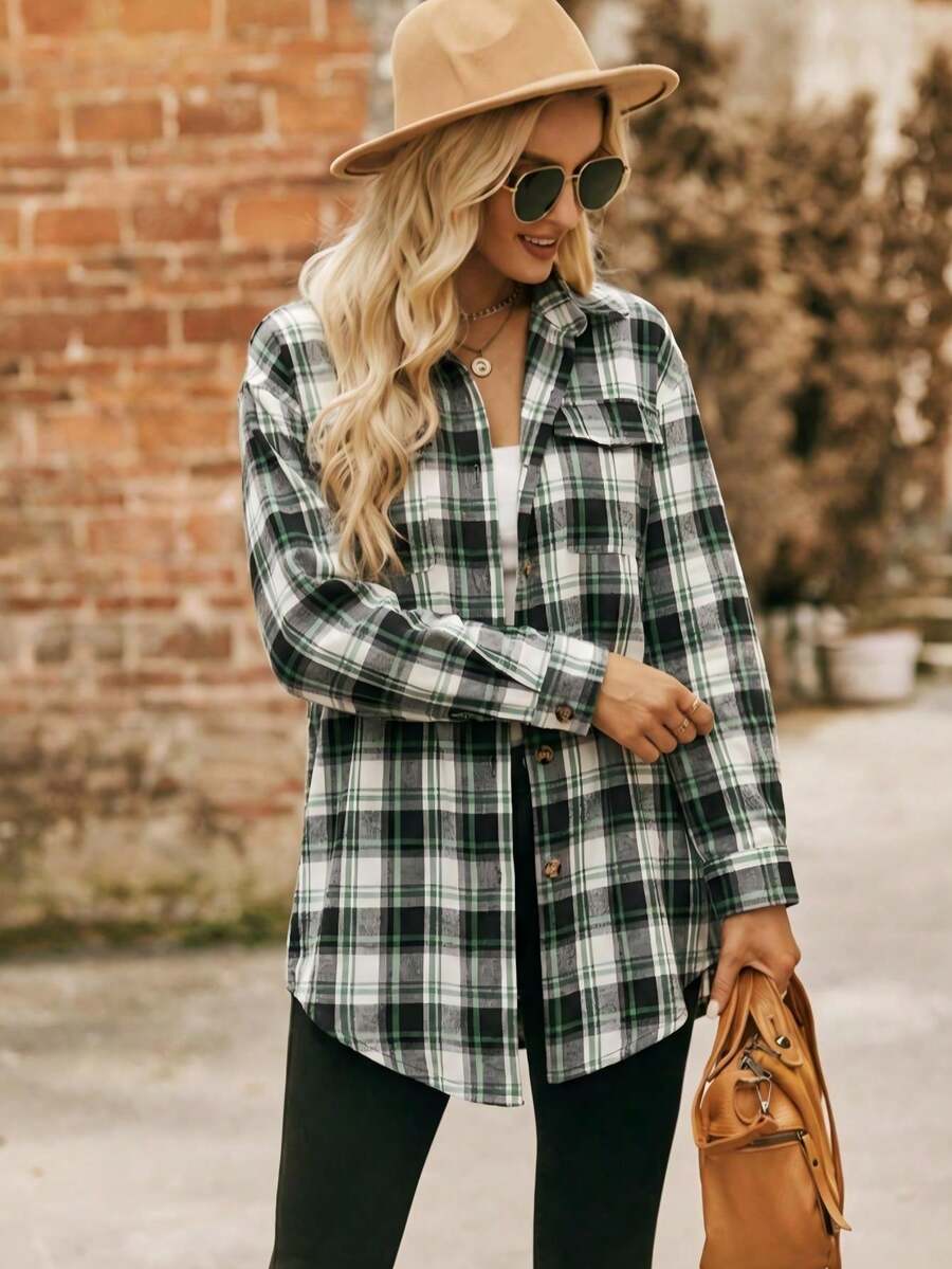 Astrid Plaid Drop Shoulder Shirt Collar Top - Navy Blue Checkered