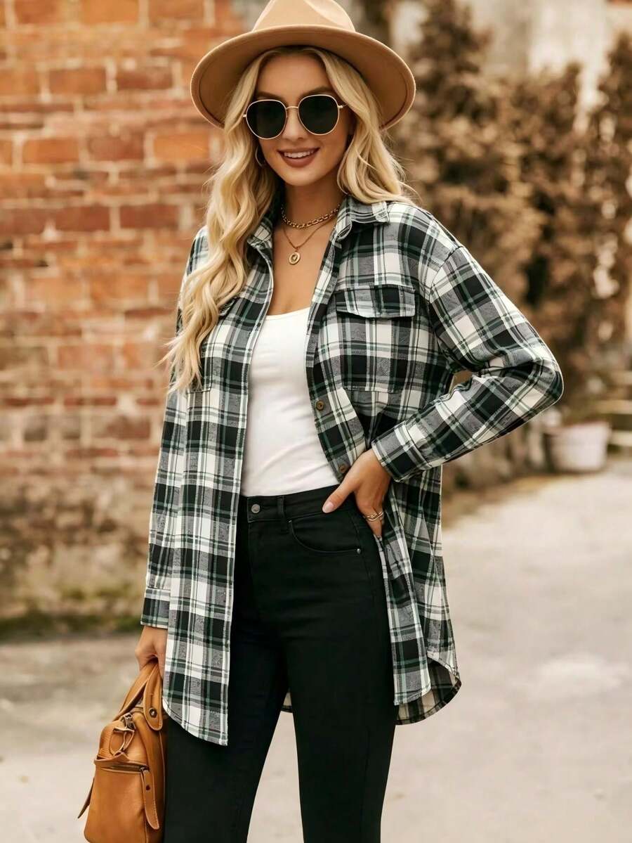 Astrid Plaid Drop Shoulder Shirt Collar Top - Pink