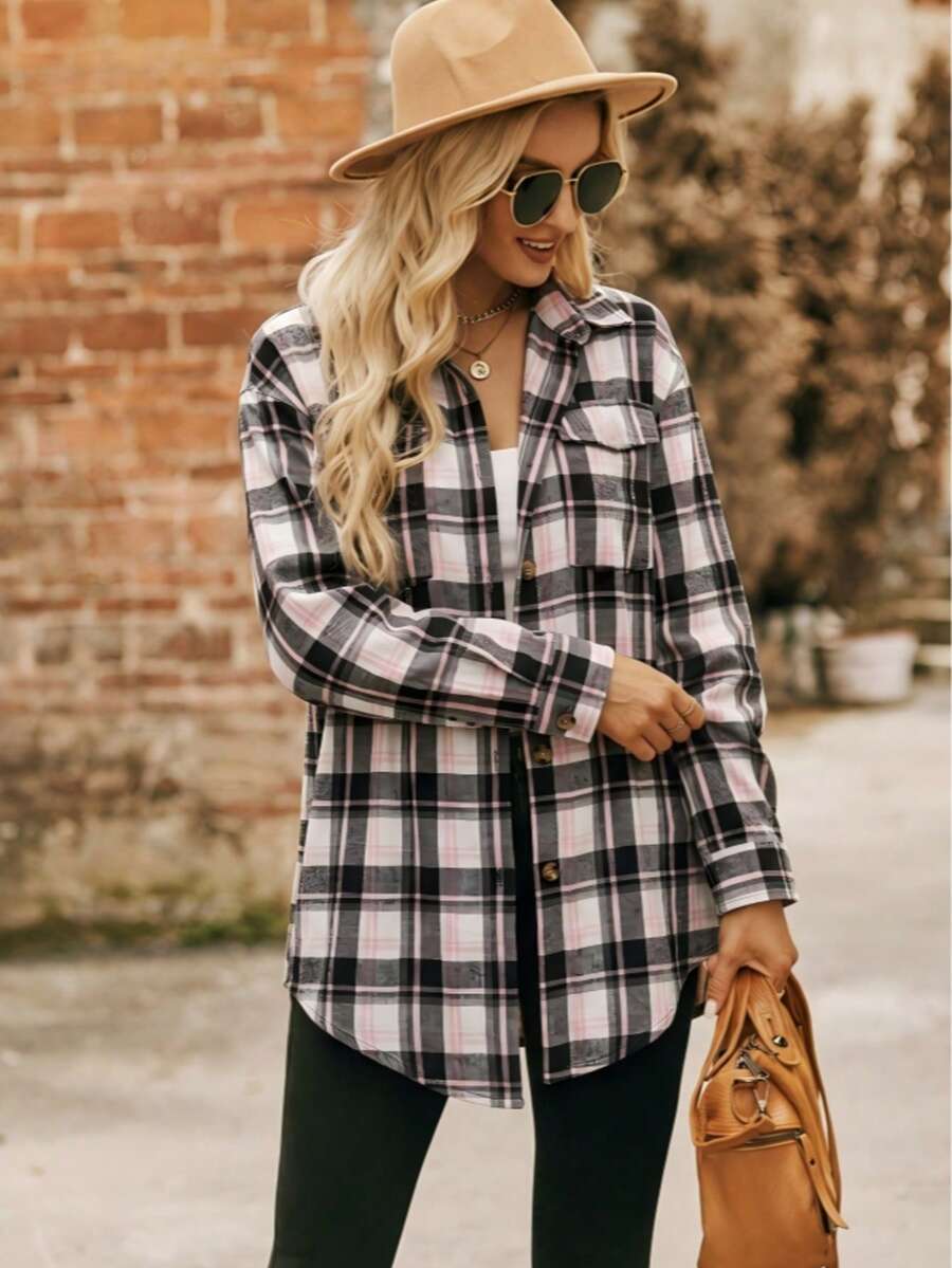 Astrid Plaid Drop Shoulder Shirt Collar Top - Navy Blue Checkered