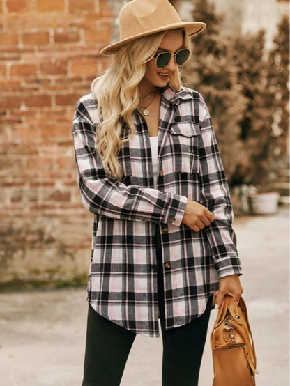 Astrid Plaid Drop Shoulder Shirt Collar Top - Navy Blue Checkered