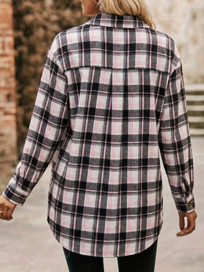 Astrid Plaid Drop Shoulder Shirt Collar Top - Pink Plaid
