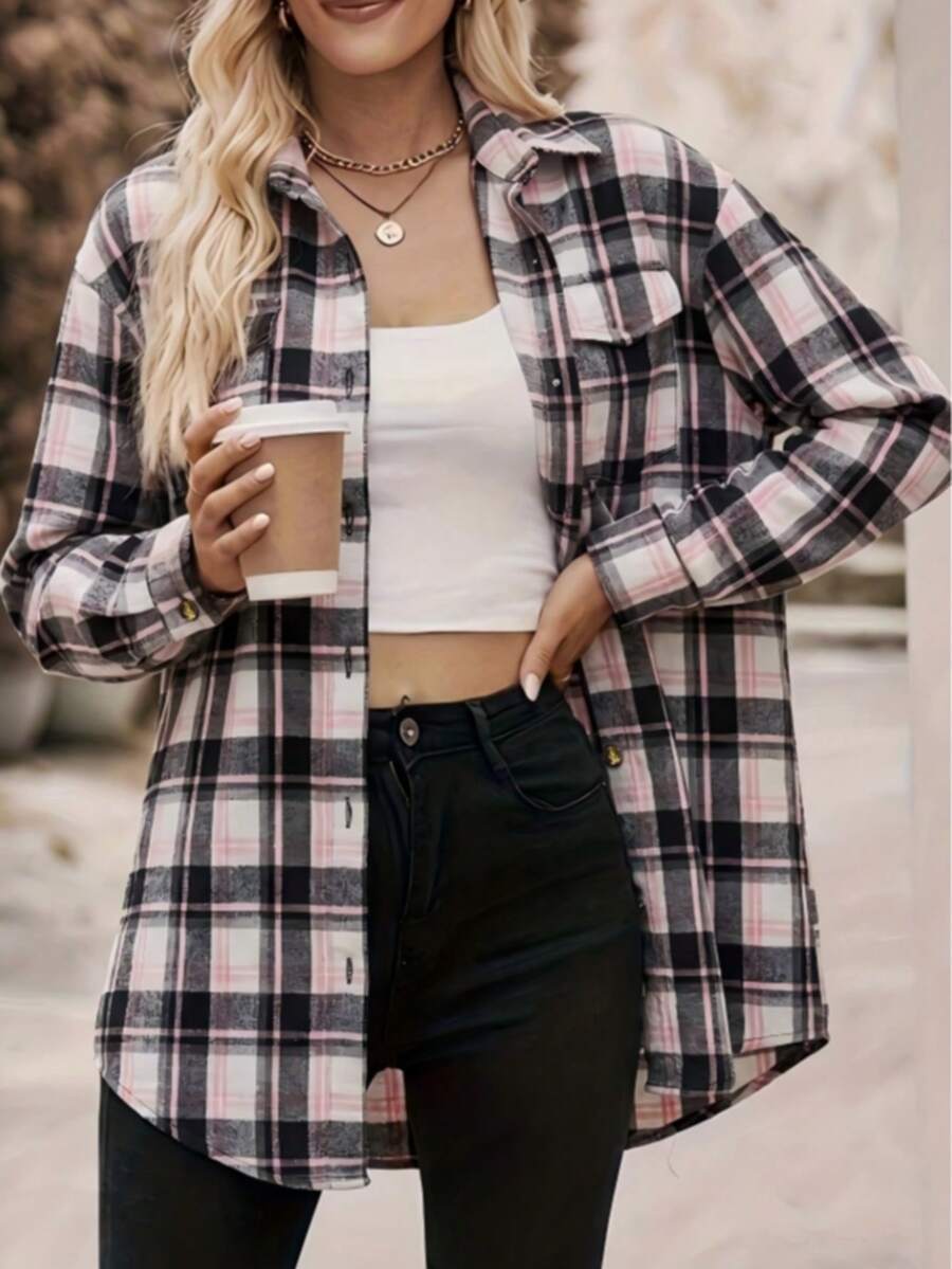 Astrid Plaid Drop Shoulder Shirt Collar Top - Green Plaid