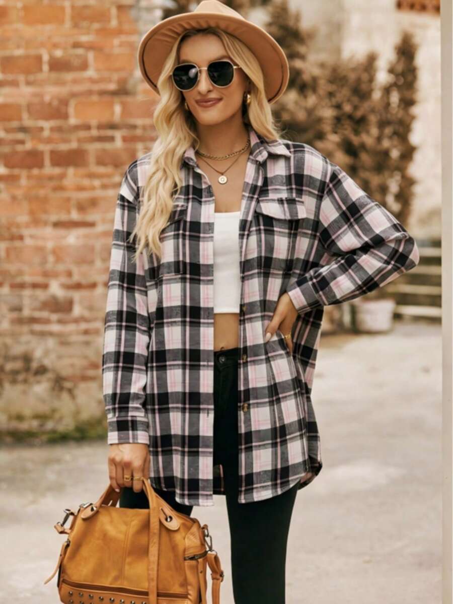 Astrid Plaid Drop Shoulder Shirt Collar Top - Red