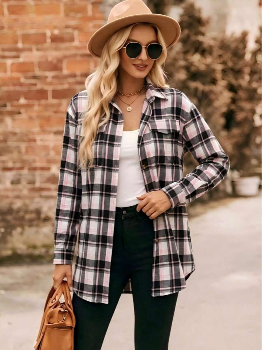Astrid Plaid Drop Shoulder Shirt Collar Top - Navy Blue