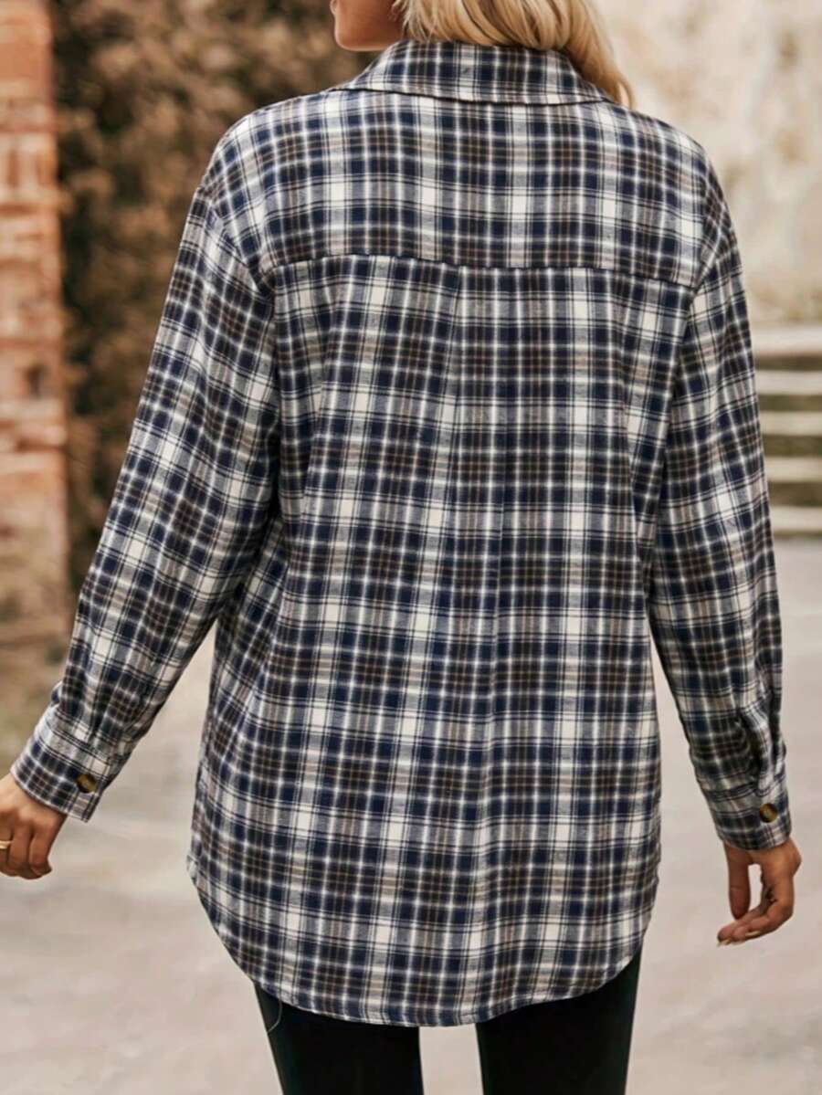 Astrid Plaid Drop Shoulder Shirt Collar Top - Navy Blue