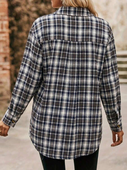 Astrid Plaid Drop Shoulder Shirt Collar Top - Navy Blue