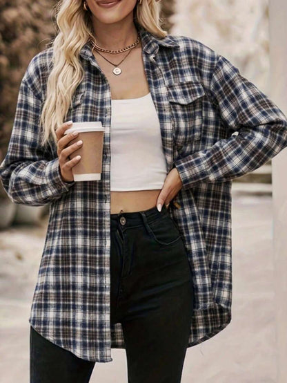 Astrid Plaid Drop Shoulder Shirt Collar Top - Navy Blue Checkered