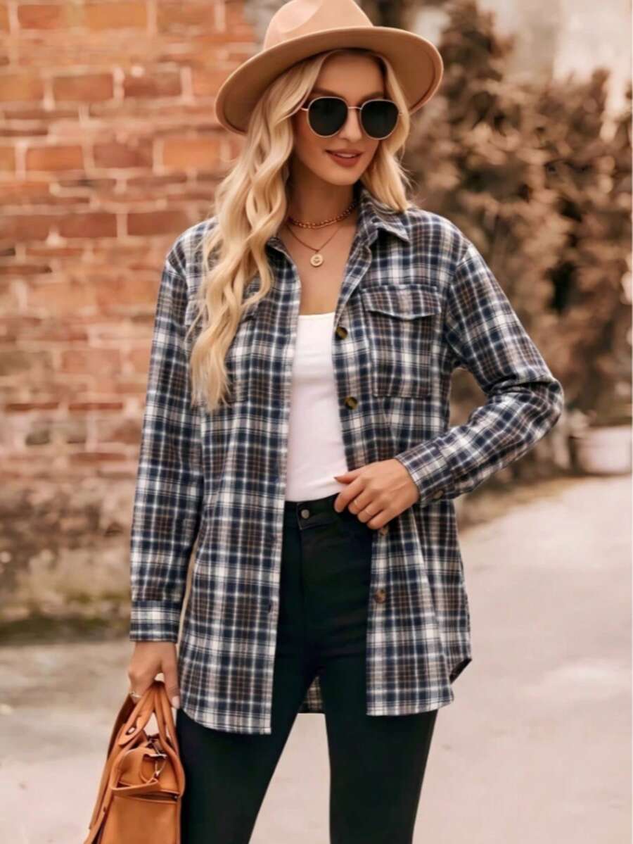 Astrid Plaid Drop Shoulder Shirt Collar Top - Pink