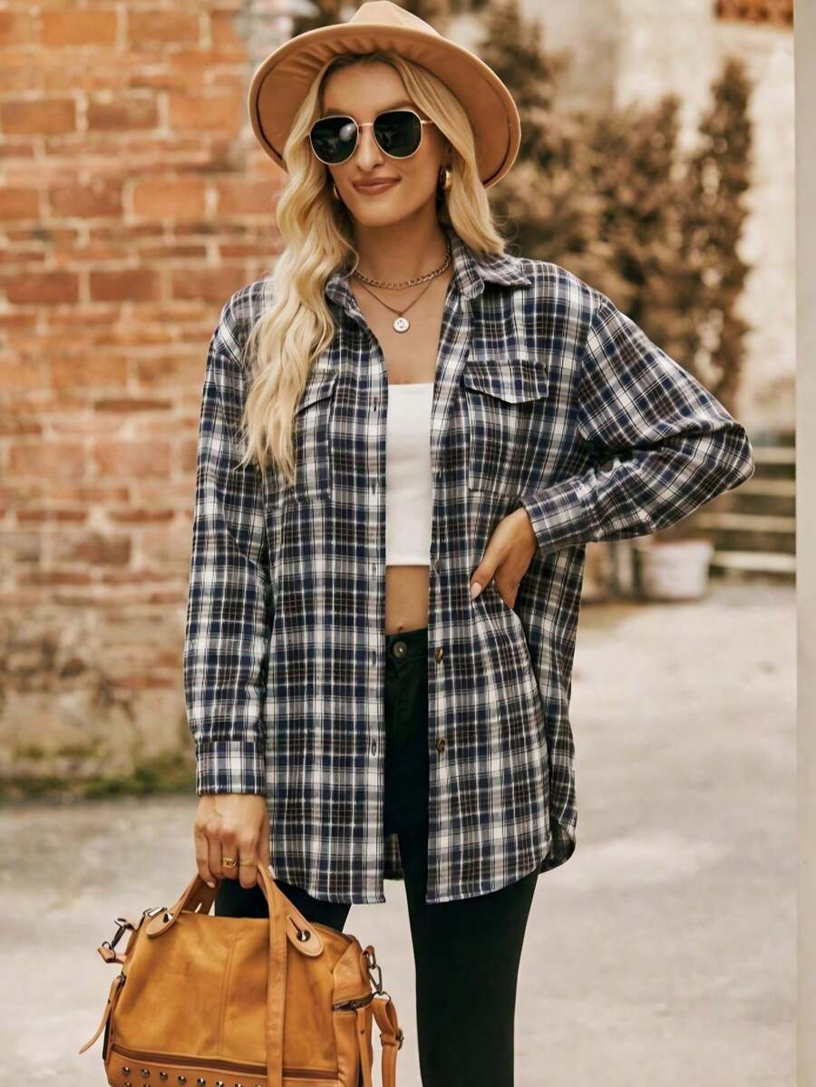 Astrid Plaid Drop Shoulder Shirt Collar Top - Black