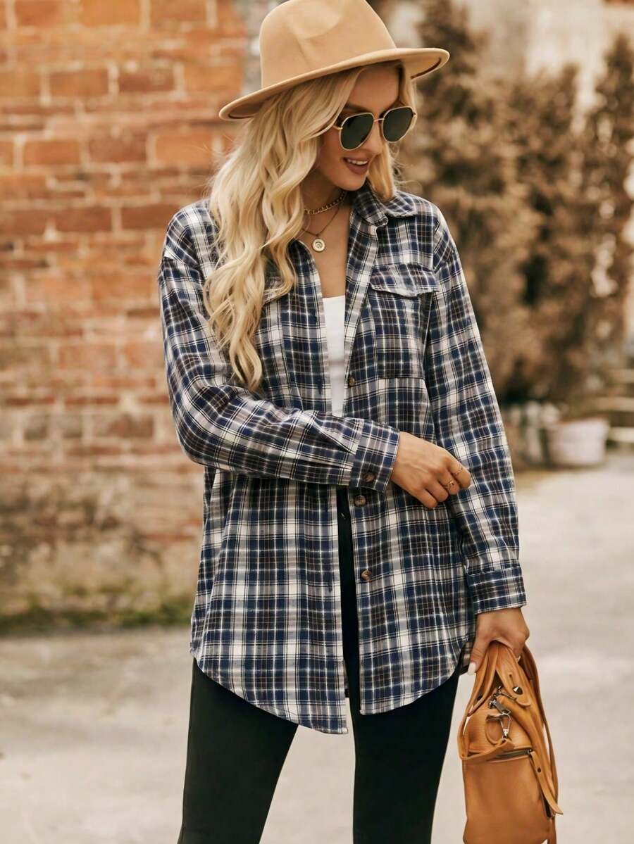 Astrid Plaid Drop Shoulder Shirt Collar Top - Orange