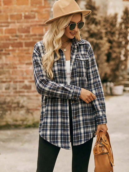 Astrid Plaid Drop Shoulder Shirt Collar Top - Orange