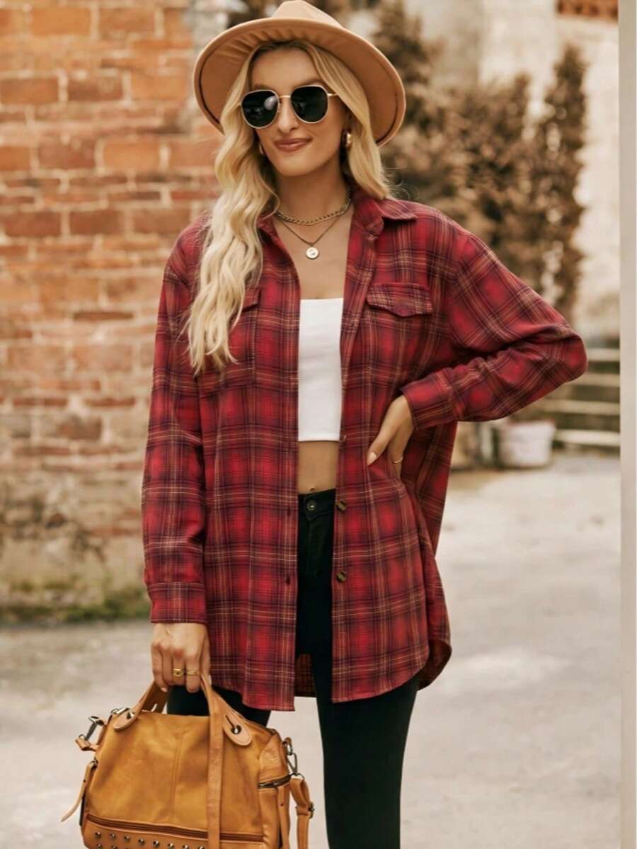 Astrid Plaid Drop Shoulder Shirt Collar Top - Black