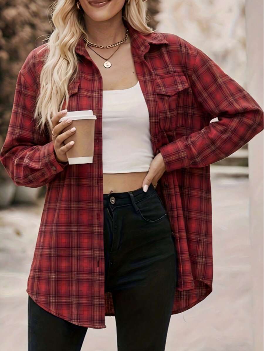 Astrid Plaid Drop Shoulder Shirt Collar Top - Red
