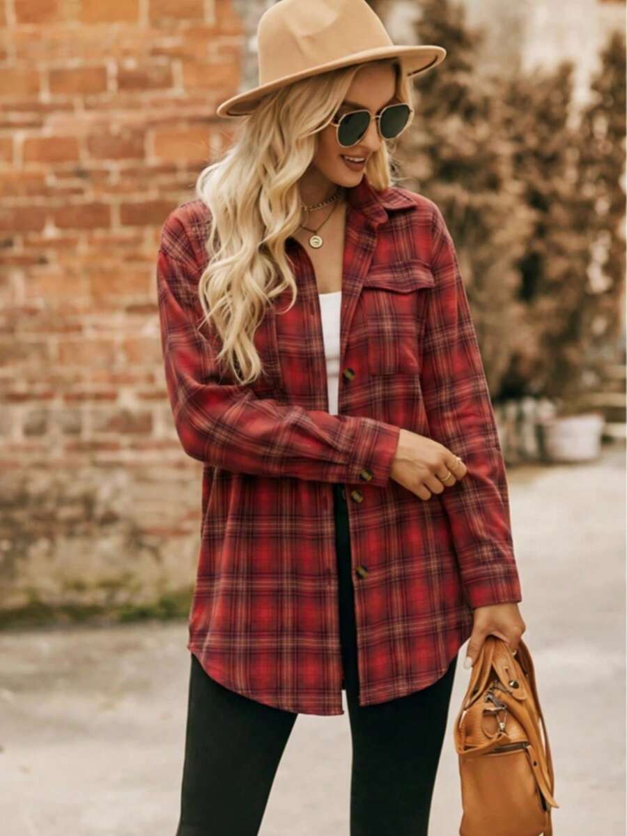Astrid Plaid Drop Shoulder Shirt Collar Top - Green