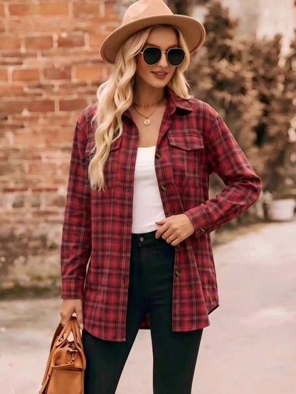 Astrid Plaid Drop Shoulder Shirt Collar Top - Coffee