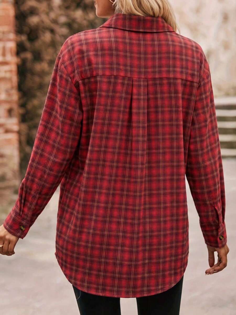 Astrid Plaid Drop Shoulder Shirt Collar Top - Orange