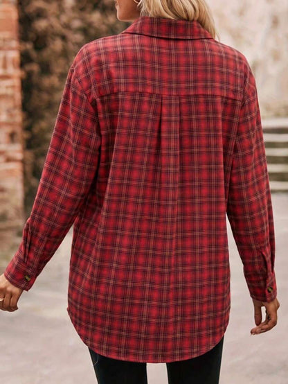 Astrid Plaid Drop Shoulder Shirt Collar Top - Orange