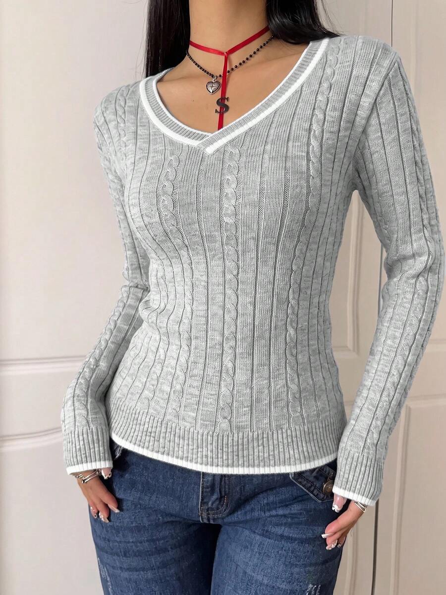 Saskia Slim V Neck Twist Cable Knit Sweater with Contrast Trim - Heather Grey