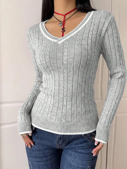 Saskia Slim V Neck Twist Cable Knit Sweater with Contrast Trim - Heather Grey