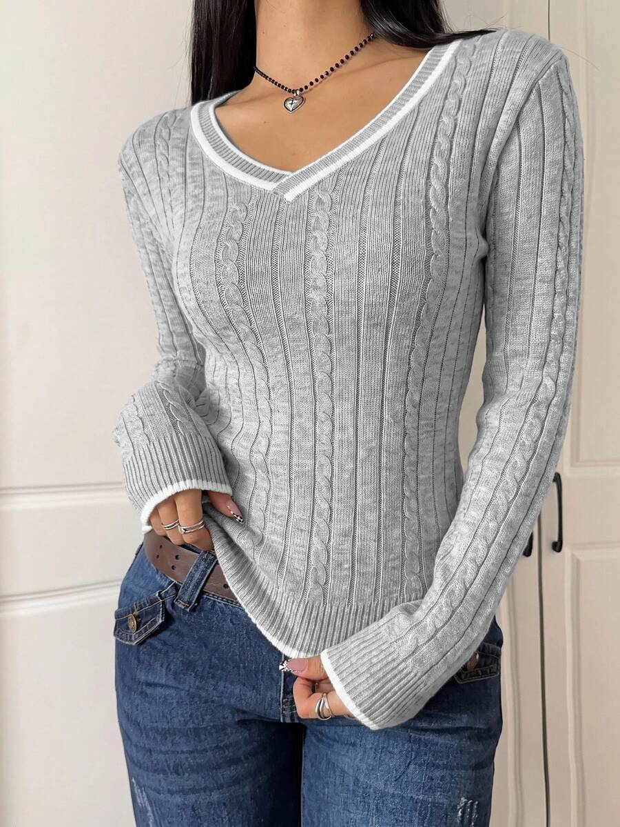 Saskia Slim V Neck Twist Cable Knit Sweater with Contrast Trim - Heather Grey
