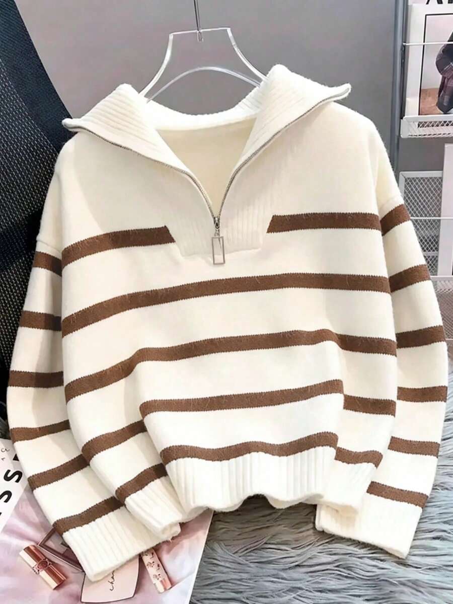 Bernina Striped Half Zip Collared Knit Sweater - Brown
