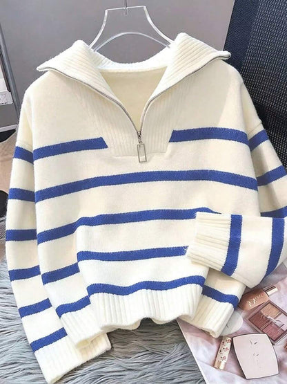 Bernina Striped Half Zip Collared Knit Sweater
