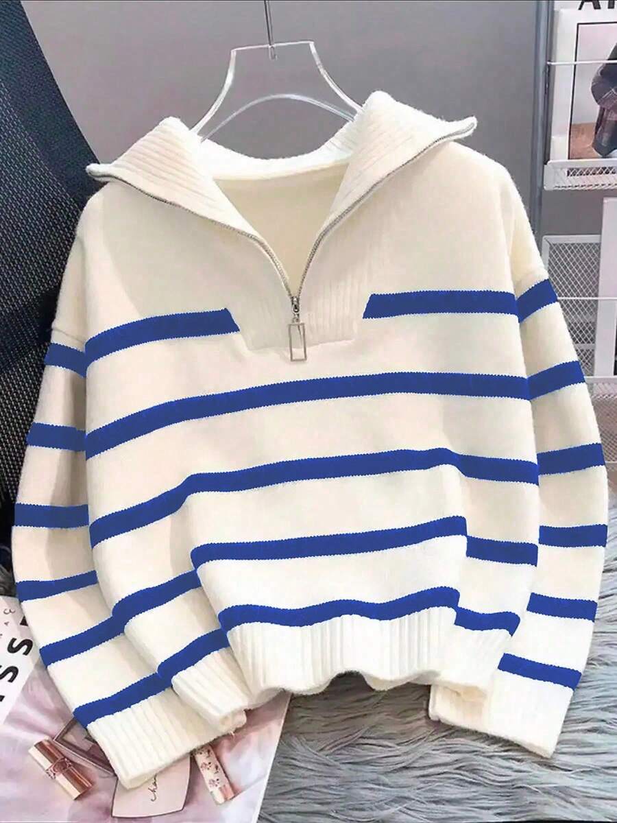 Bernina Striped Half Zip Collared Knit Sweater - Blue and White