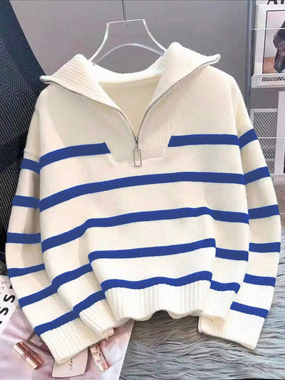 Bernina Striped Half Zip Collared Knit Sweater - Blue and White