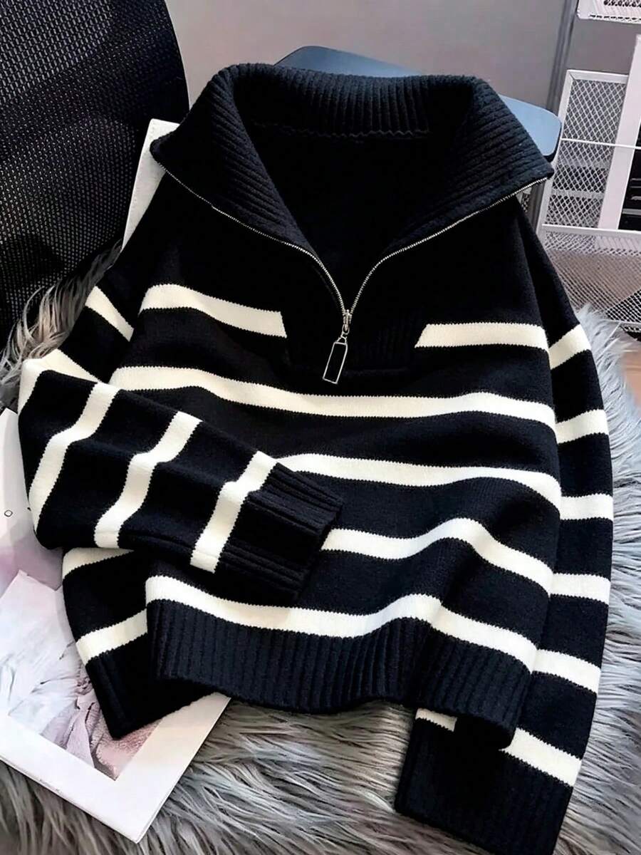 Bernina Striped Half Zip Collared Knit Sweater