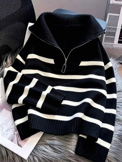 Bernina Striped Half Zip Collared Knit Sweater