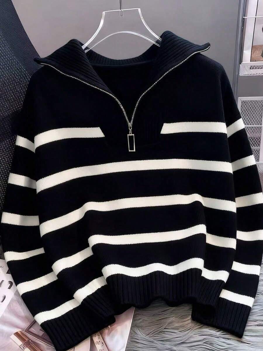Bernina Striped Half Zip Collared Knit Sweater - Black and White