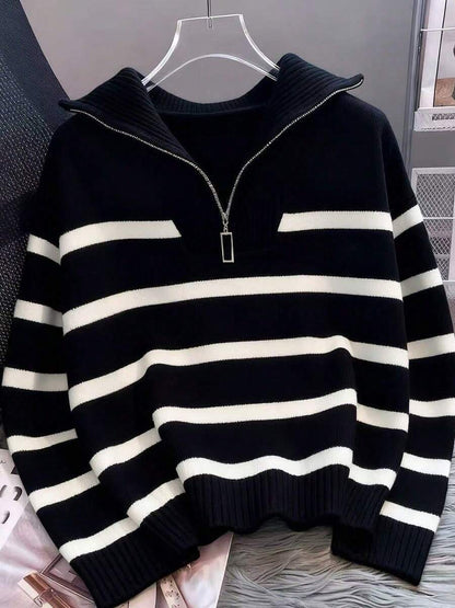 Bernina Striped Half Zip Collared Knit Sweater - Black and White