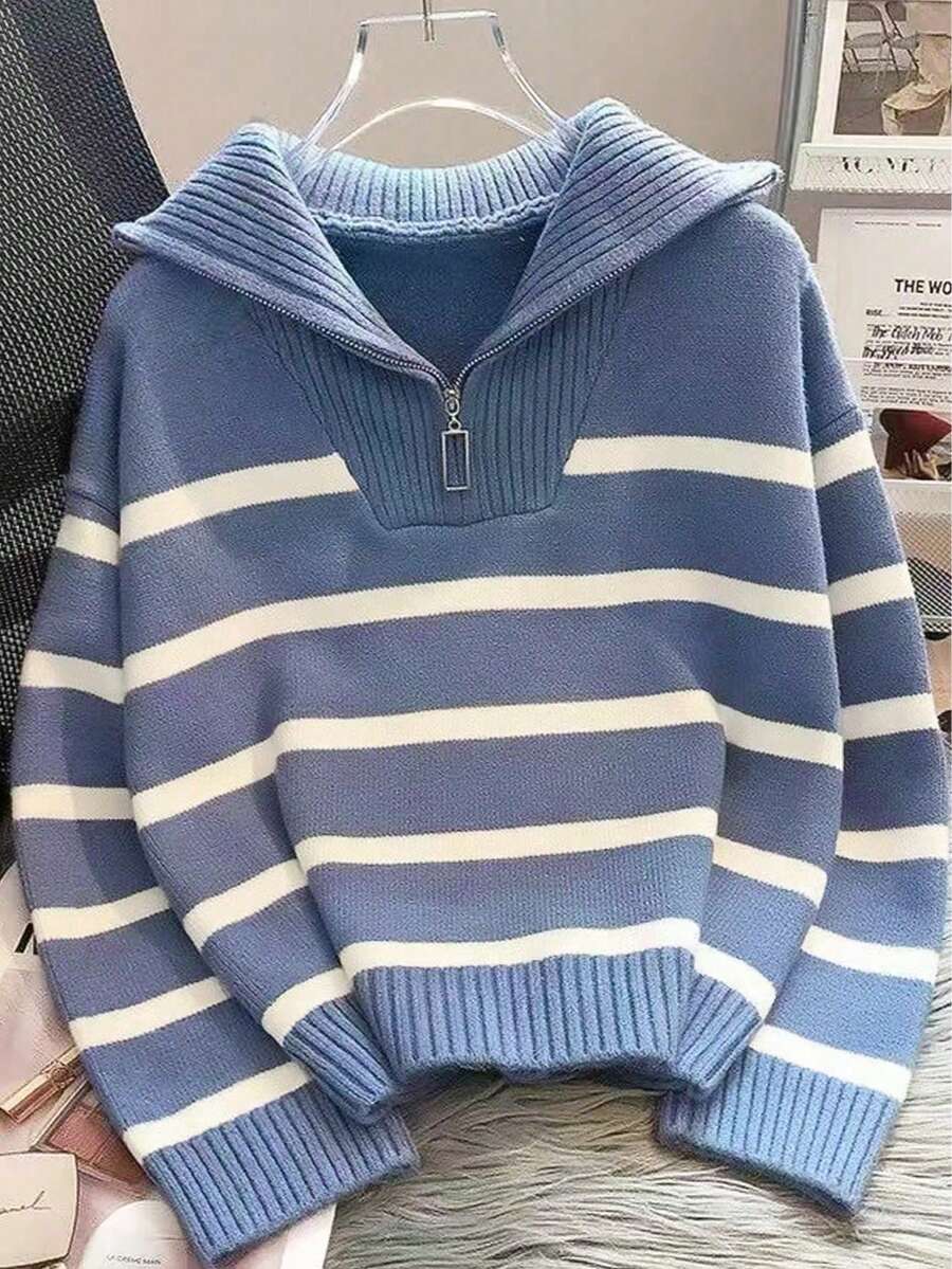 Bernina Striped Half Zip Collared Knit Sweater - Dusty Blue