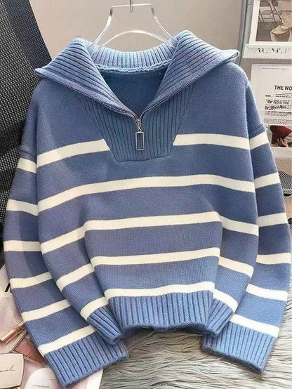 Bernina Striped Half Zip Collared Knit Sweater - Dusty Blue