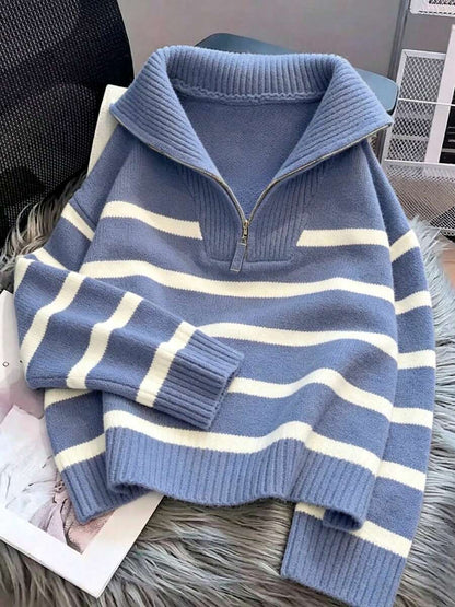 Bernina Striped Half Zip Collared Knit Sweater