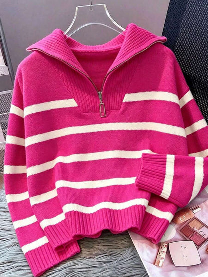Bernina Striped Half Zip Collared Knit Sweater