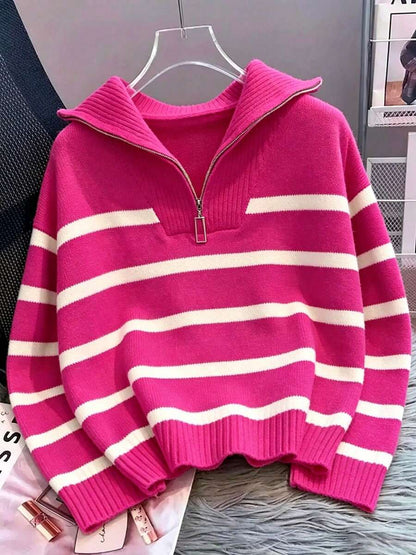 Bernina Striped Half Zip Collared Knit Sweater - Hot Pink
